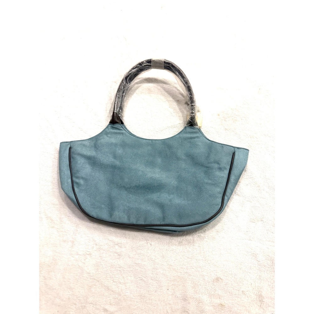Estee Lauder Blue Faux Suede Tote Bag Handbag Brown Trim Logo Lining
